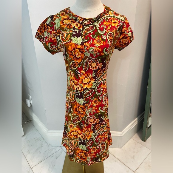 Vintage fall harvest Thanksgiving themed mini dress with collar by Victory - Picture 1 of 10